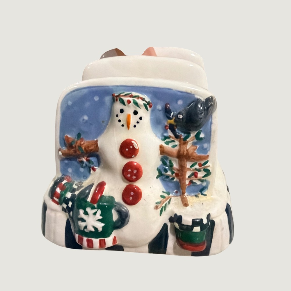 Debbie Mumm Snowman Ceramic Toast Rack Holiday Decor White Blue Striped 6.5in
